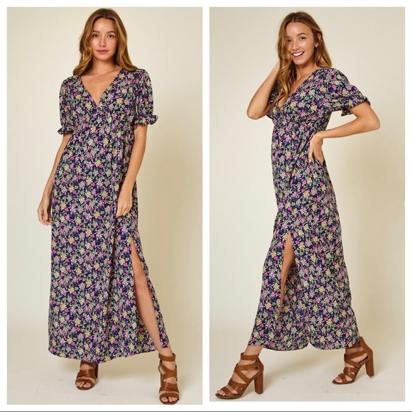 #10 Mylene Short Sleeve V Neck Floral Boho Maxi Dress - Picture 3 of 4